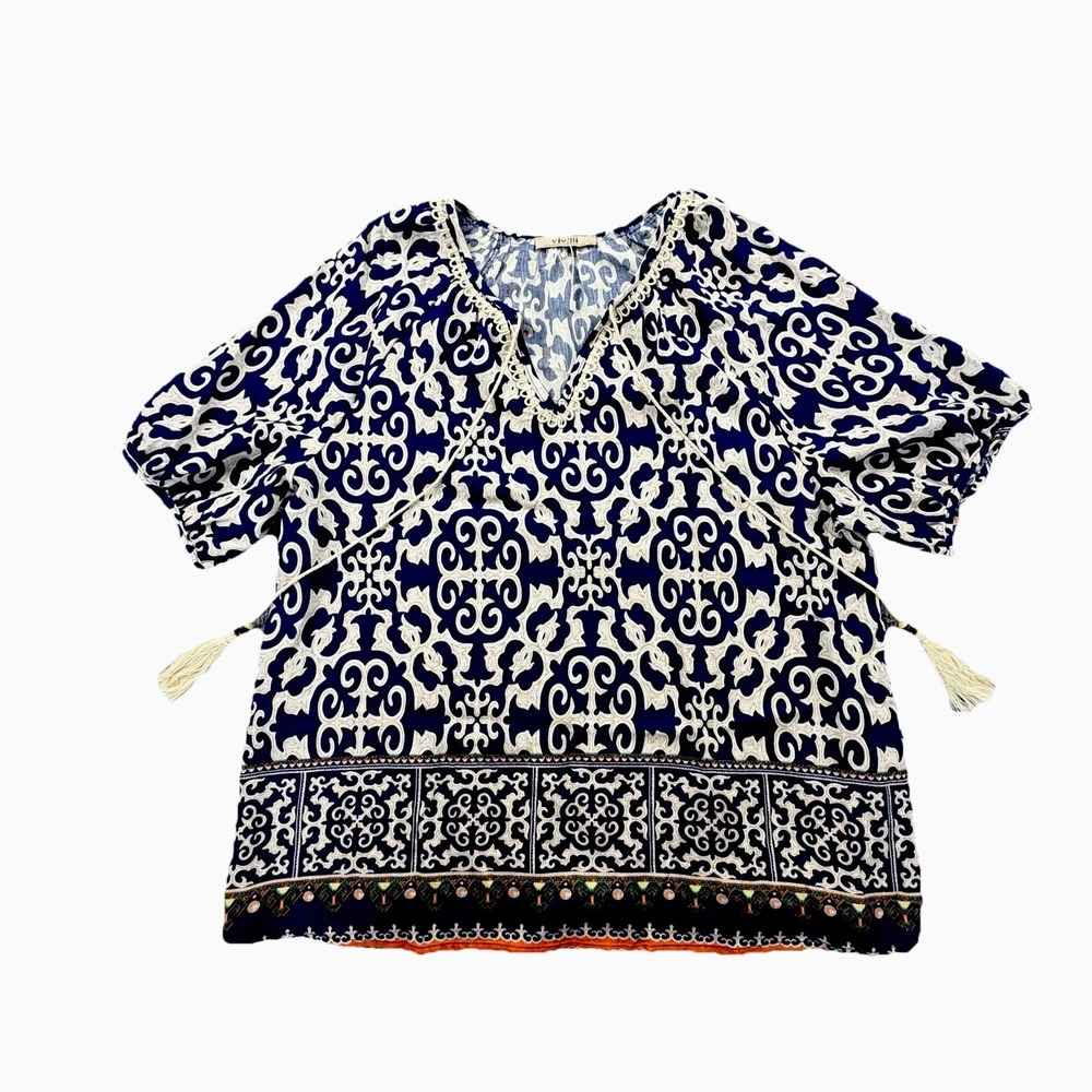 Vivilli Boho‎ Peasant Blouse M Blue White Tassel Tie Tribal Print Top NWOT
